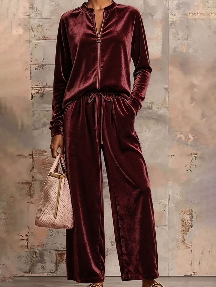 Women's velvety lounge set with stand-up collar zip top and drawstring pants Mune Fashion