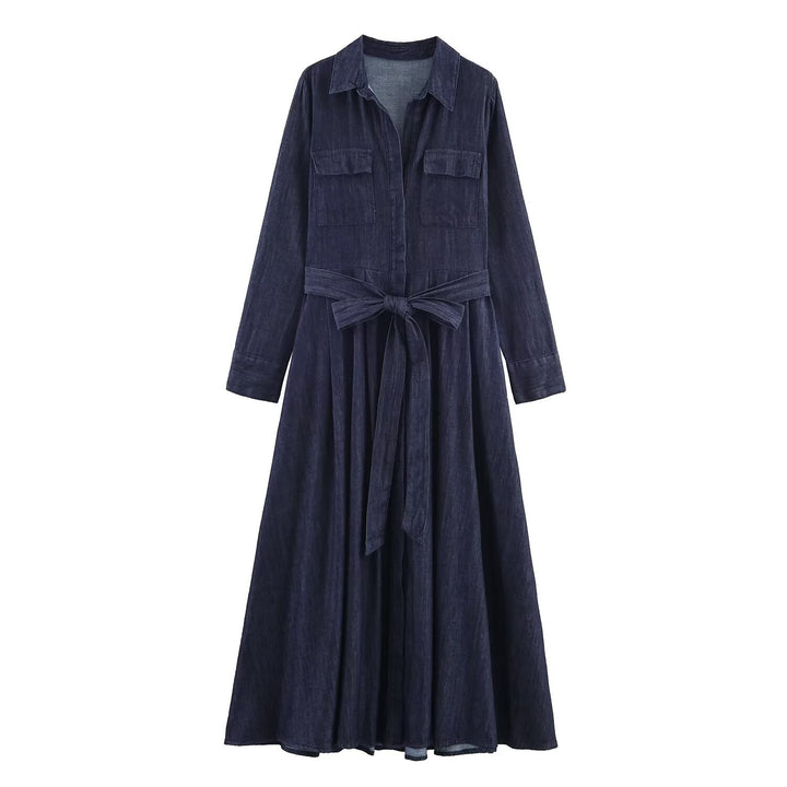 Women's Long Denim Shirt Dress with Waistband and Patch Chest Pockets Mune Fashion