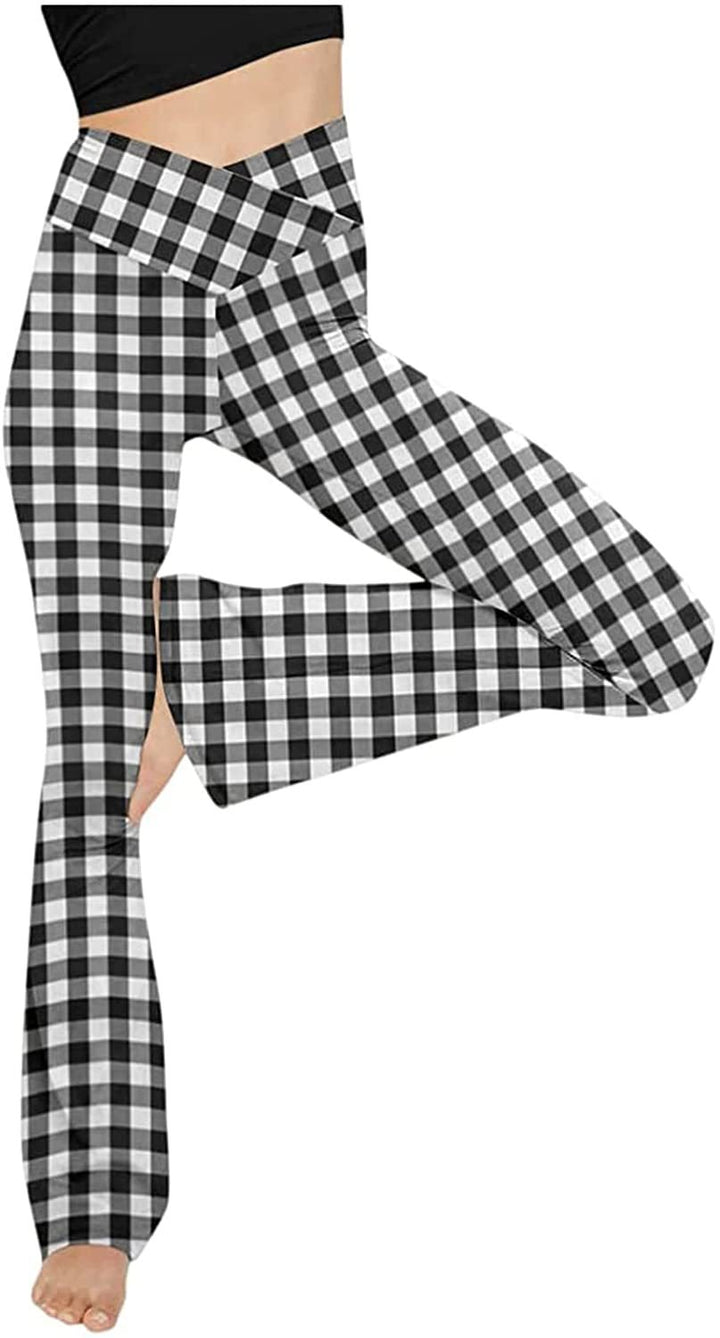Women's mid-rise yoga pants with crossover waistband and flared hem with slit Mune Fashion