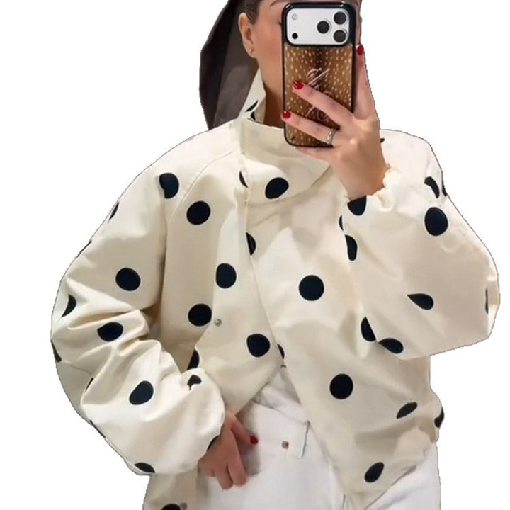 Women's cropped bomber jacket with oversized shawl collar and polka dot print Mune Fashion