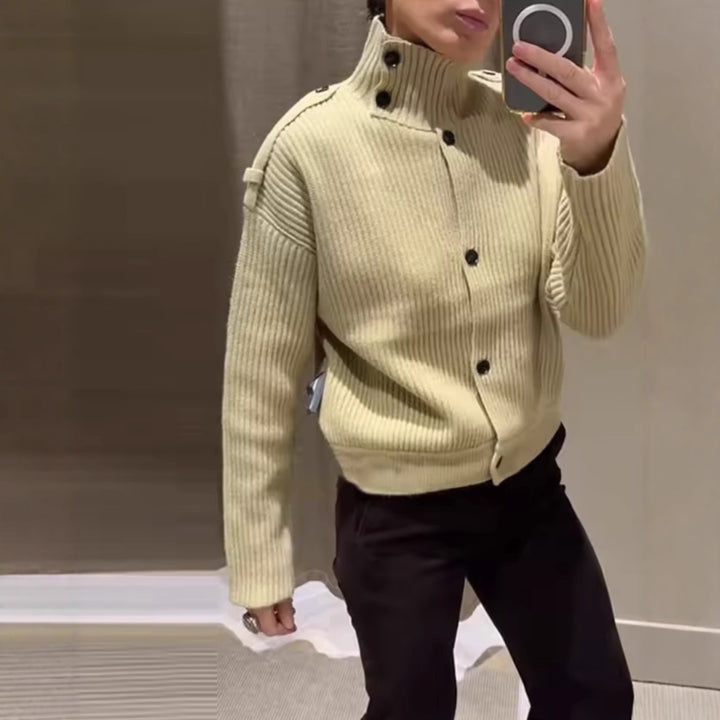 Women's 80+ short ribbed knit cardigan with high stand-up collar and button placket Mune Fashion