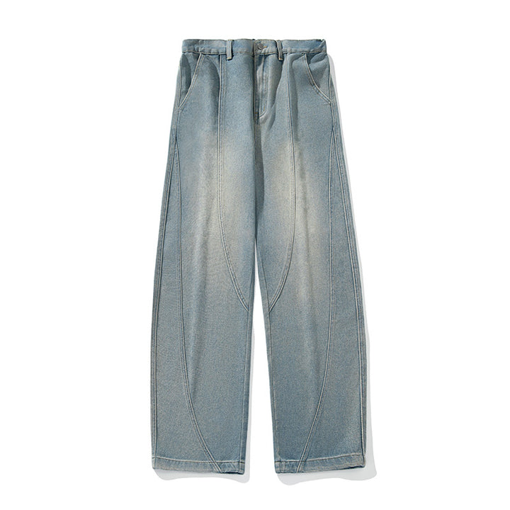 Unisex Wide Cut Denim Pants with Curved Decorative Seams and High Waist Mune Fashion