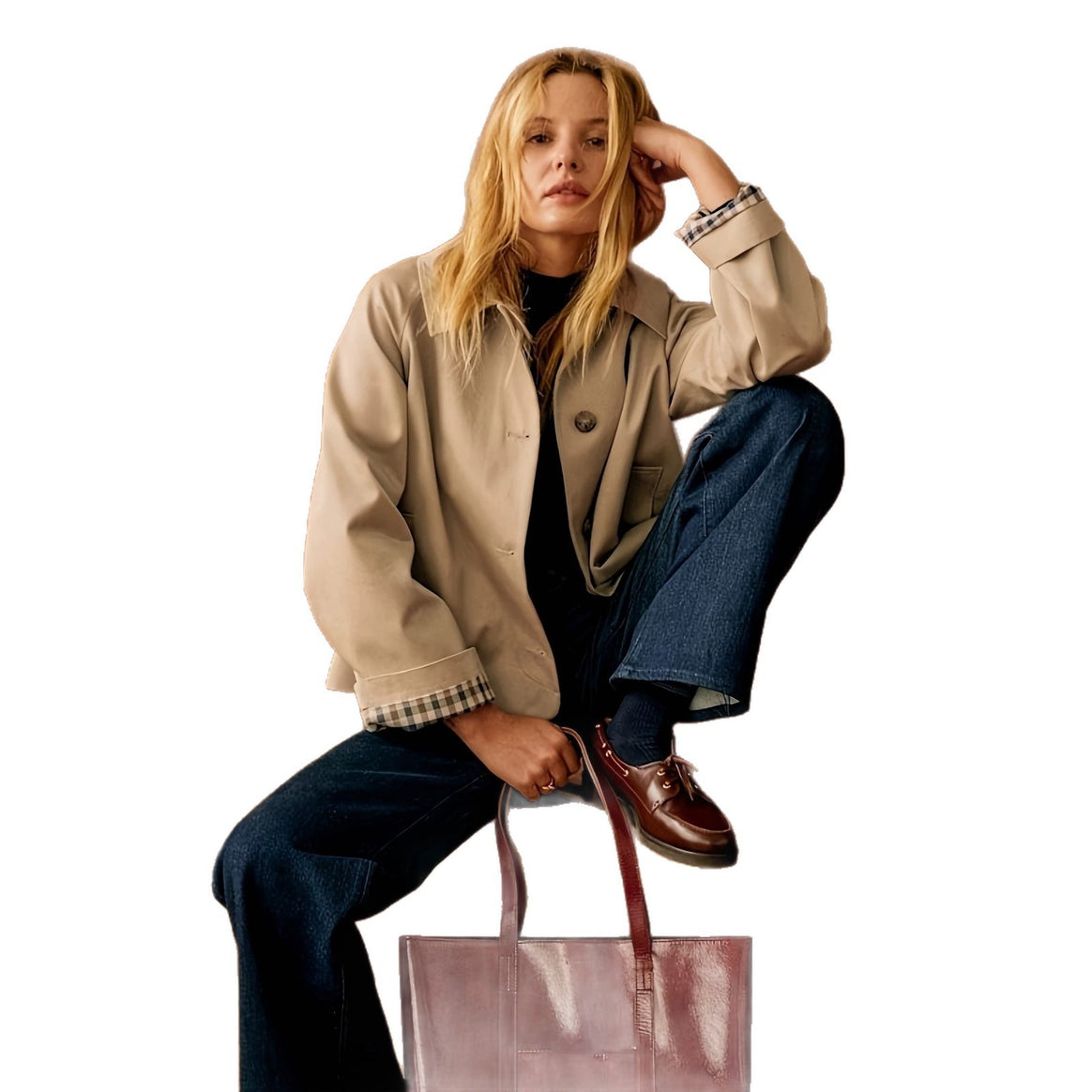 Women's Boxy Short Coat with Oversized Lapels and Check Cuffs Mune Fashion
