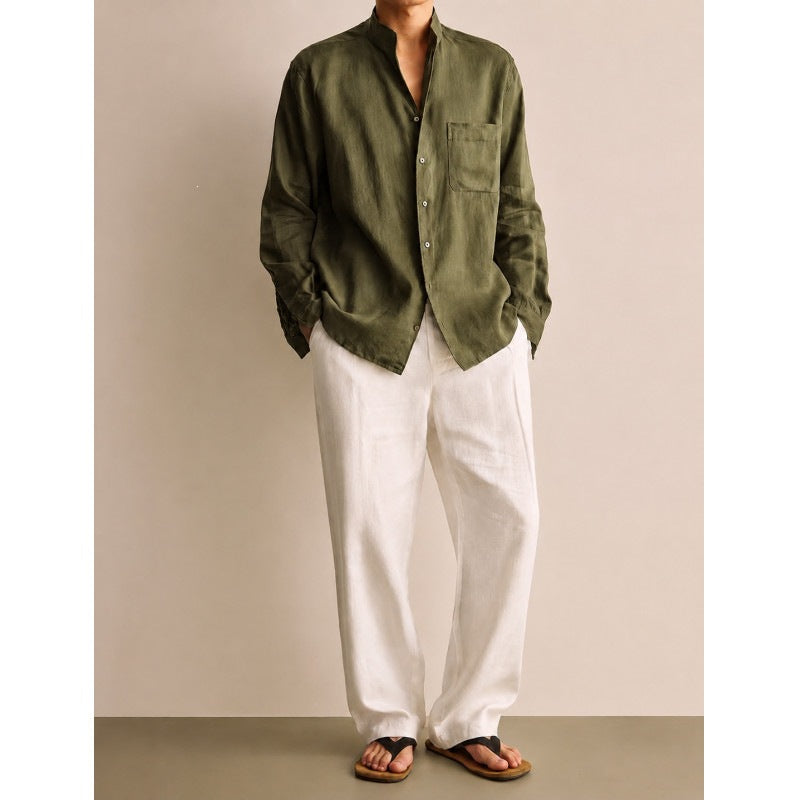 Men's Lightweight Linen Shirt with Stand-Up Collar and Chest Pocket Mune Fashion