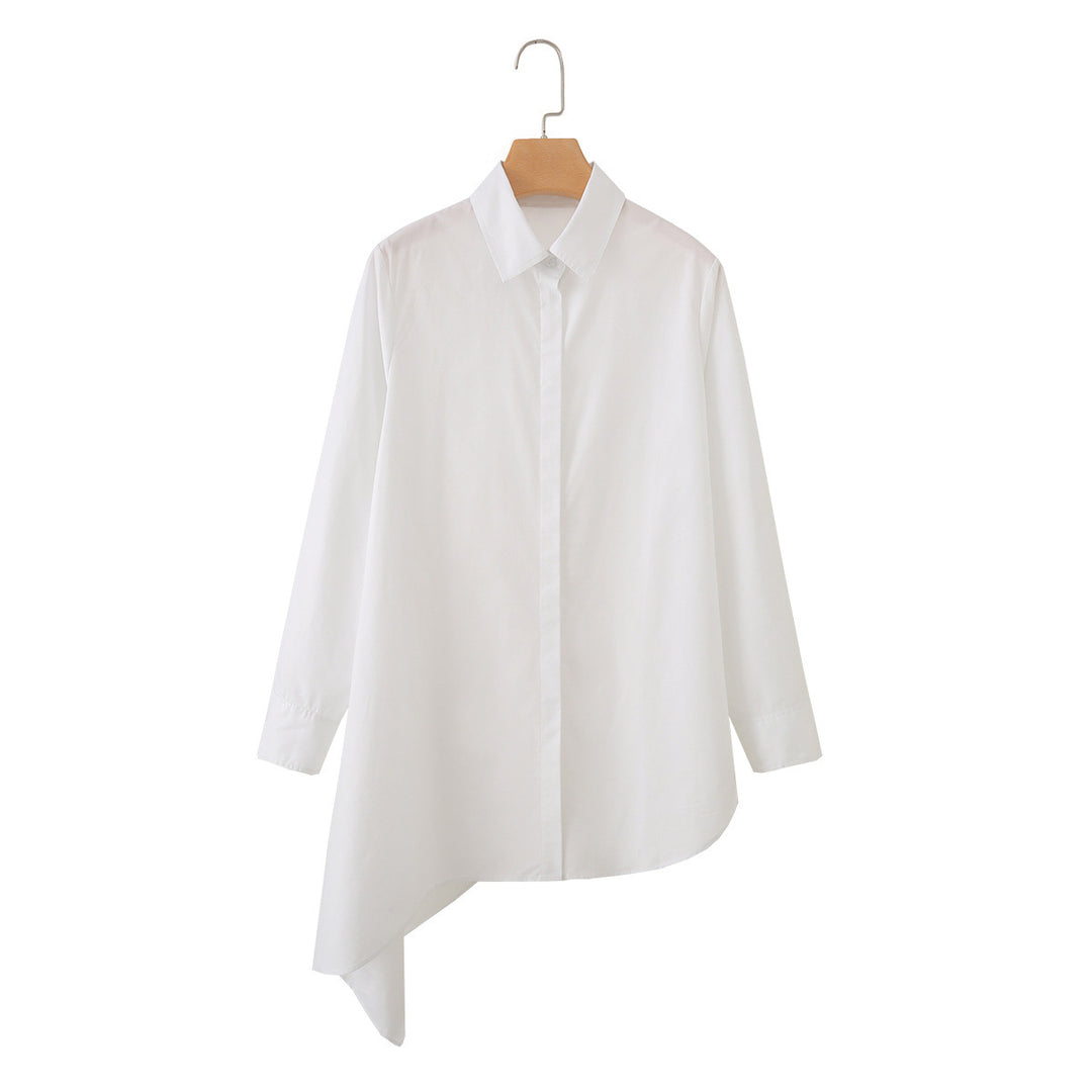 Women Asymmetric Oversized Shirt Blouse with Side Drape and Hidden Button Placket Mune Fashion