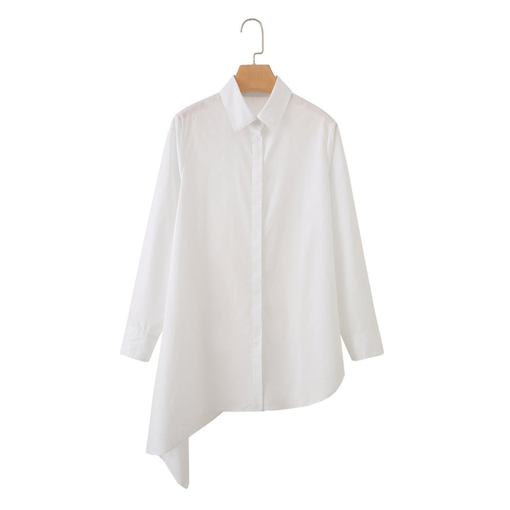 Women Asymmetric Oversized Shirt Blouse with Side Drape and Hidden Button Placket Mune Fashion