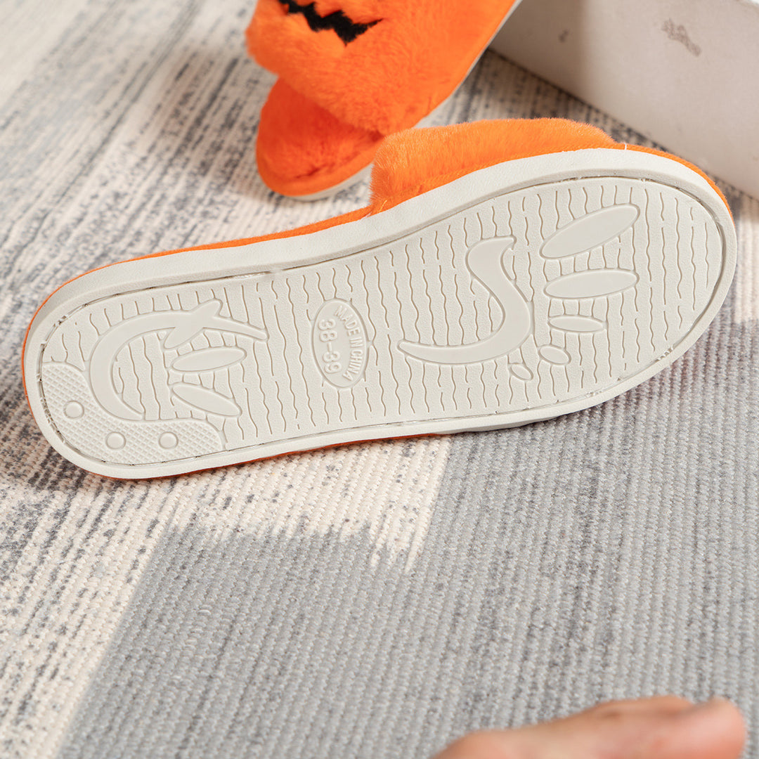 Ladies fluffy house slippers with embroidered pumpkin face and non-slip sole Mune Fashion