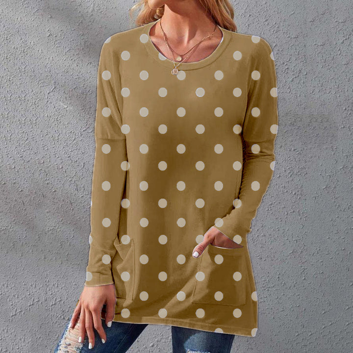 Women's long sleeve tunic with polka dot print and patch pockets Mune Fashion