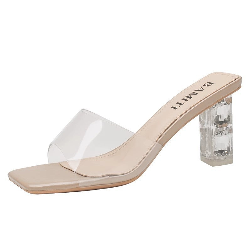 Women's Transparent Slip-On Sandal with Square Toe Box and Faceted Acrylic Block Heel Mune Fashion