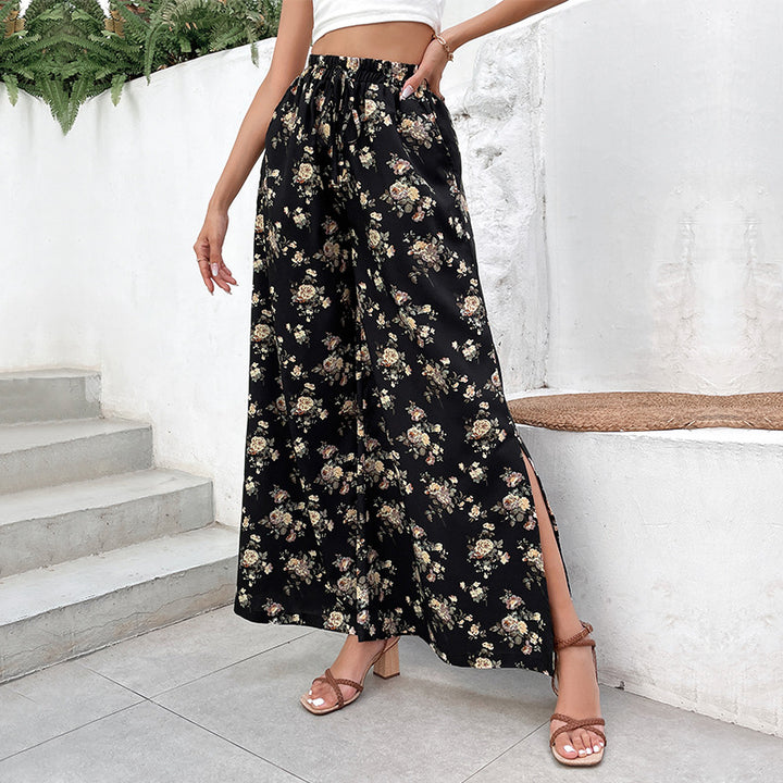 Women Lightweight Palazzo Pants made of Viscose Blend with Elastic Waistband, Drawstring and Side Leg Slits Mune Fashion