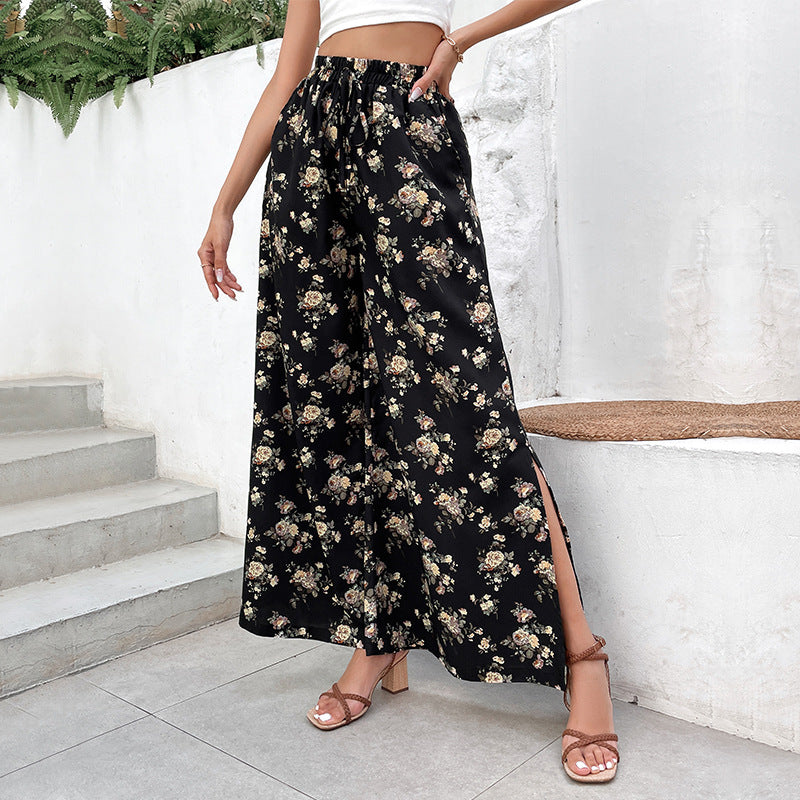 Women's Wide Palazzo Pants with Floral Pattern Mune Fashion