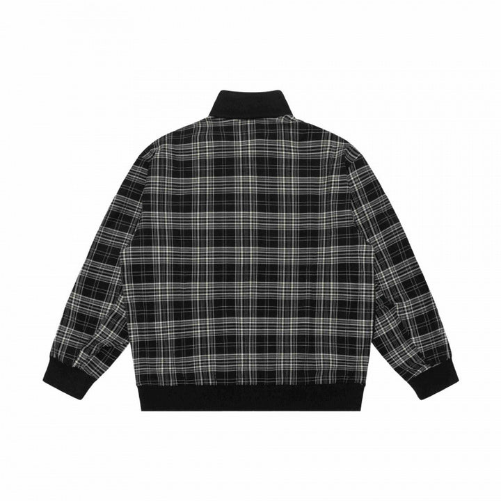 Unisex Short Cut Zip Jacket in Boxy Style with Check Arm Tape and Stand-Up Collar Mune Fashion