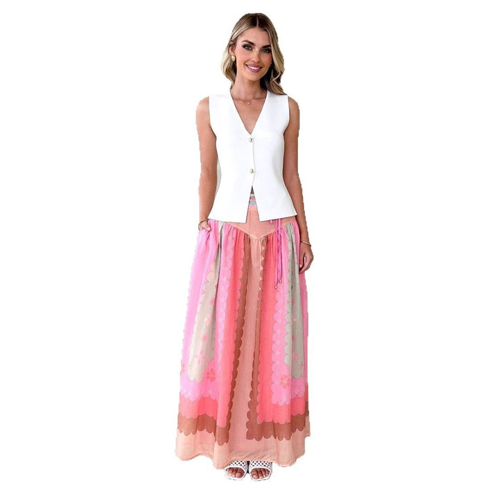 Women's flowing maxi skirt with V-shaped yoke, narrow drawstring waist and printed scallop pattern Mune Fashion