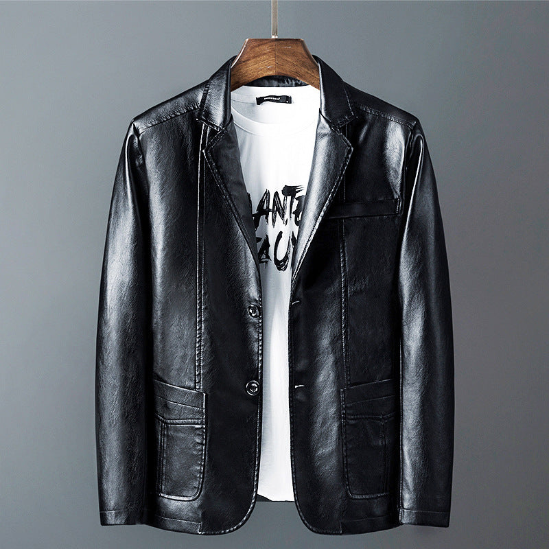 Men's Faux Leather Blazer in Slim Fit with Shirt Collar, Flap Pockets, and Elegant Pilot Silhouette Mune Fashion