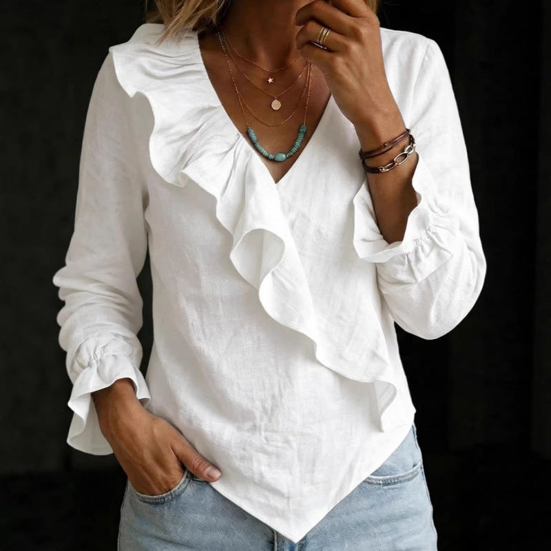 Women's Ruffle Blouse in Linen Look with Wrap Effect and Asymmetric Hem Mune Fashion