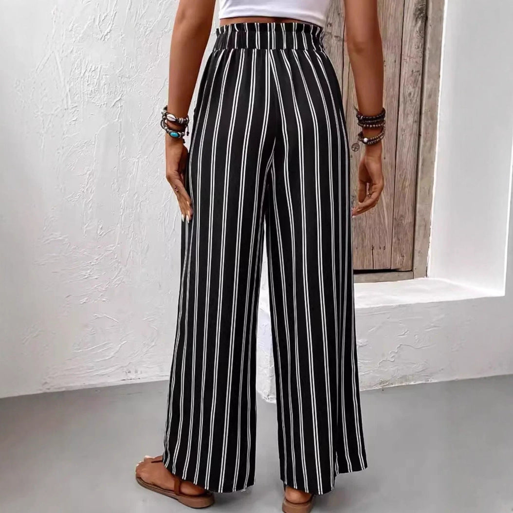 Women Striped High-Waist Paperbag Palazzo Pants with Wide Leg Drune