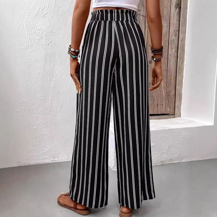 Women Striped High-Waist Paperbag Palazzo Pants with Wide Leg Drune