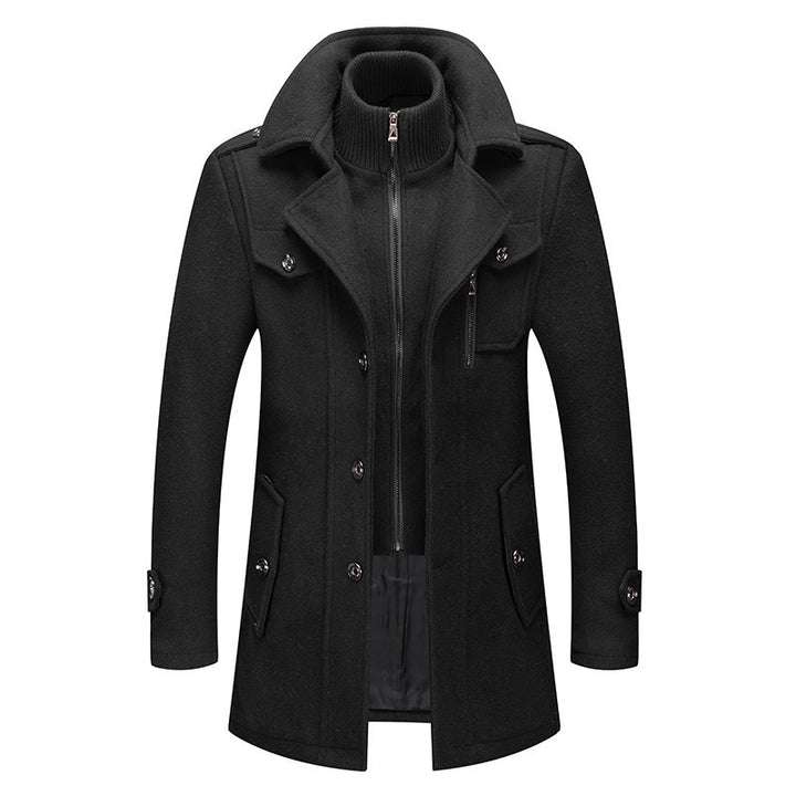 Men's elegant double-breasted wool coat with removable knit collar and concealed zipper Mune Fashion
