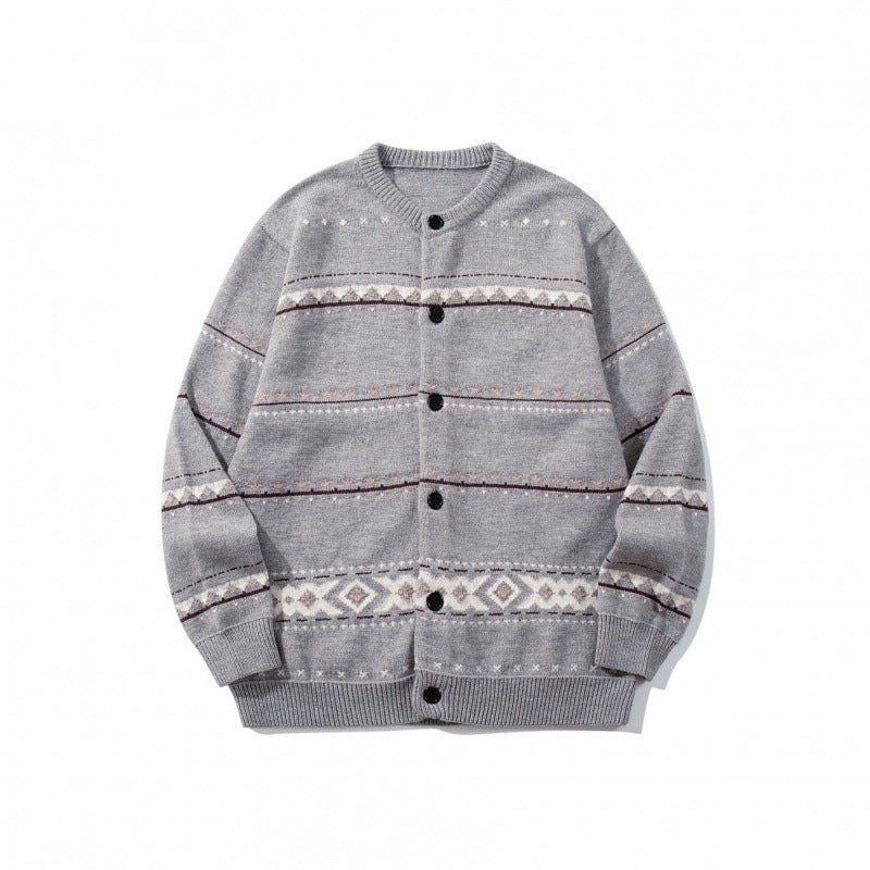 Unisex jacquard knit cardigan in boxy cut with round neck and button placket Mune Fashion