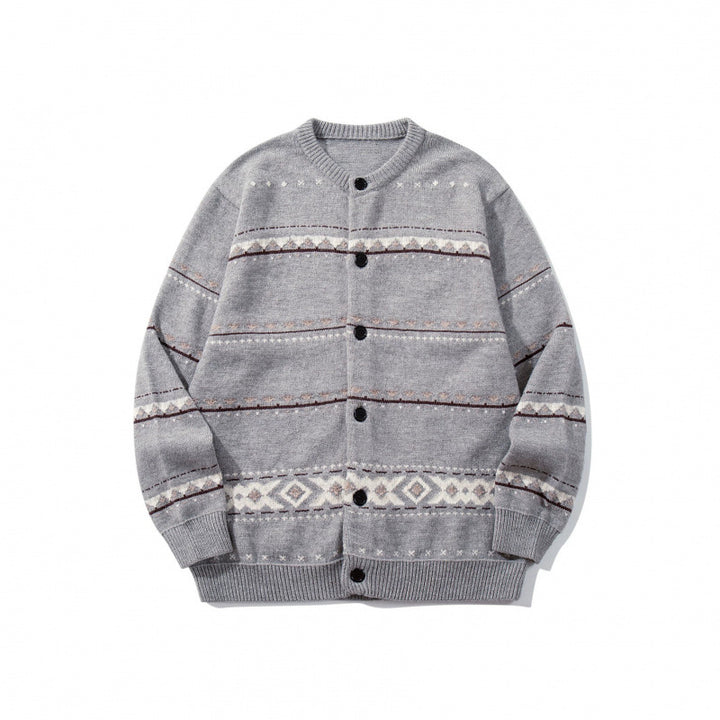Unisex jacquard knit cardigan in boxy cut with round neck and button placket Mune Fashion
