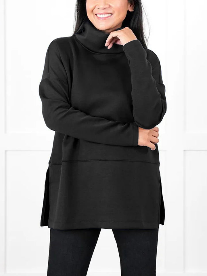 Women's Oversize Sweat Tunic with High Roll Neck, Side Slits and Extended Hem Mune Fashion
