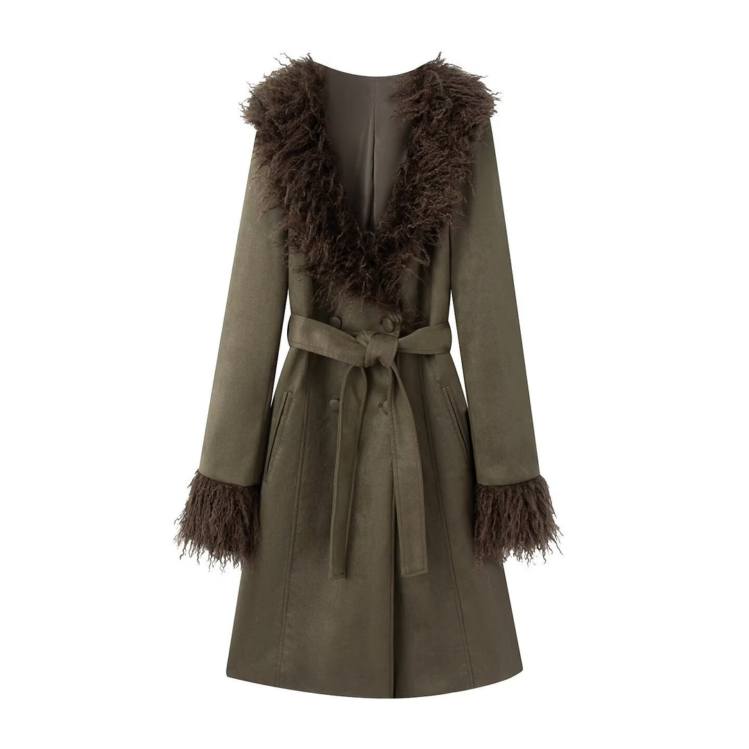 Women Long Coat in Lambskin Look with Tied Belt and Fur Collar Mune Fashion