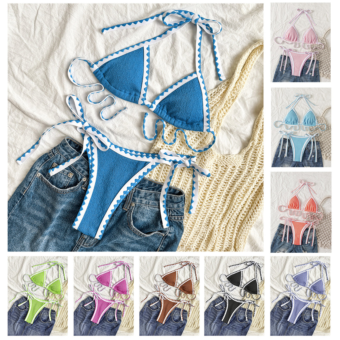 Women's triangle bikini with playful ties and fine texture Mune Fashion