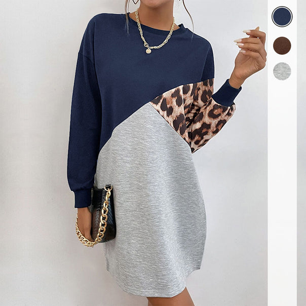 Women Colorblock Sweat Dress with Leopard Sleeve and Loose A-Line Silhouette Mune Fashion