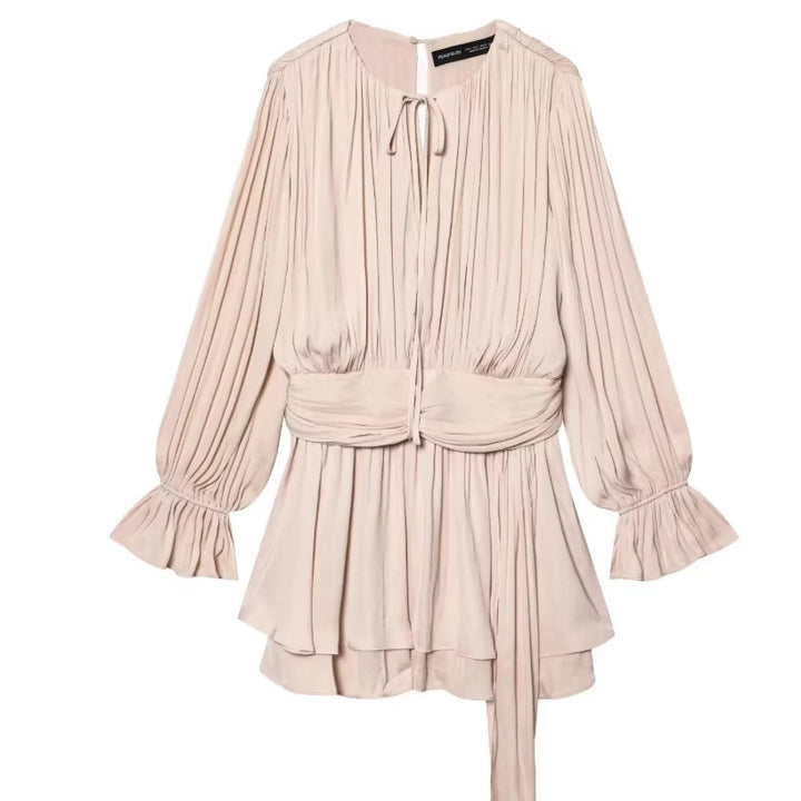 Women's Pleated Tie Blouson Mini Dress with Fitted Wrap Belt and Bell Sleeves Mune Fashion