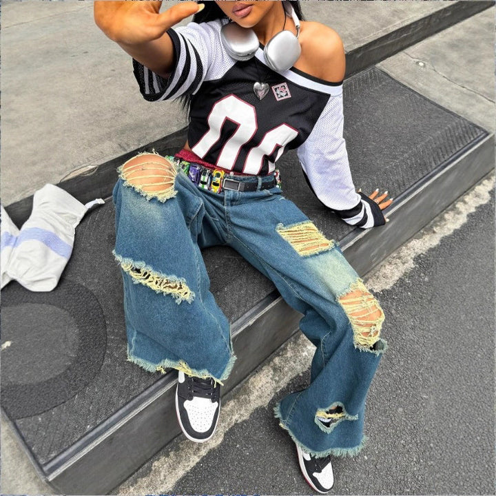 Women's wide Destroyed-Denim-Jeans with Neon Fringe Application Mune Fashion