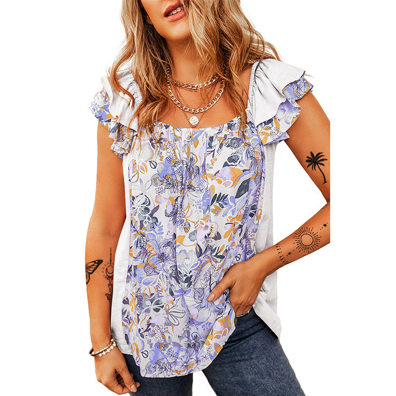 Women Sleeveless Floral Print Top with Ruffled Shoulders and Loose Fit Mune Fashion