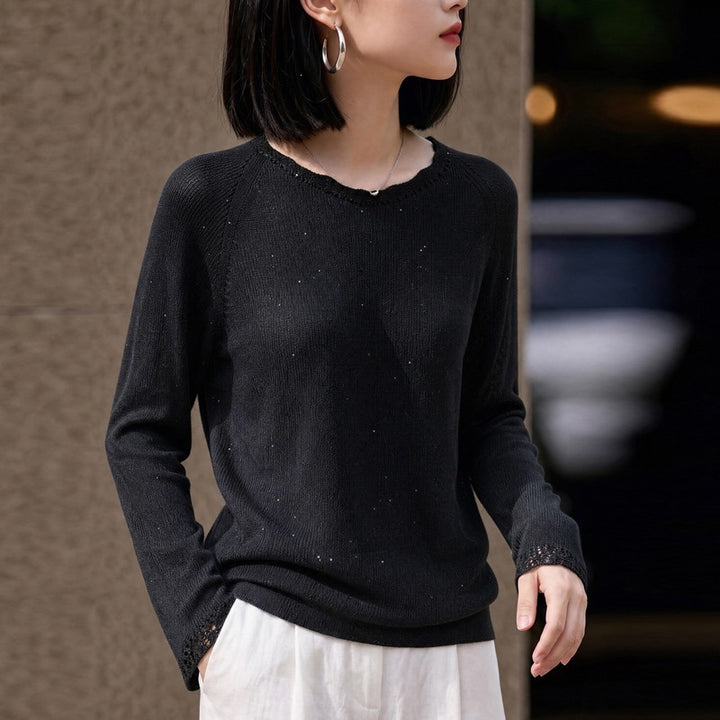 Women lightweight fine knit sweater with subtle glitter look and raglan sleeves Mune Fashion