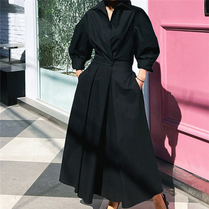 Women's shirt blouse maxi dress with tailored blouson silhouette, bell skirt and concealed side pockets Mune Fashion