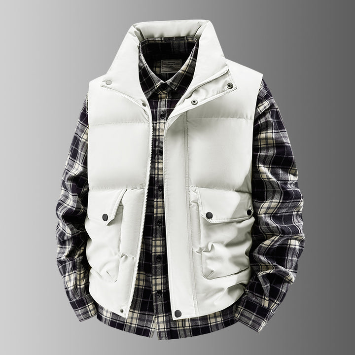 Men's Padded Quilted Vest with Utility Pockets and High Standing Collar Mune Fashion