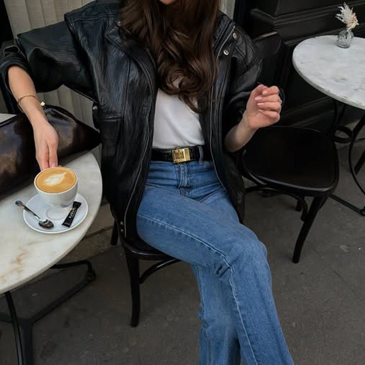 Women straight-cut jeans with high waist, raw hem and slight bootcut Mune Fashion