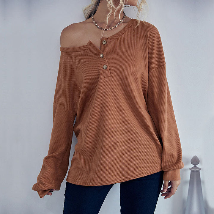 Women's waffle knit pullover with Henley button placket and dropped shoulder Mune Fashion