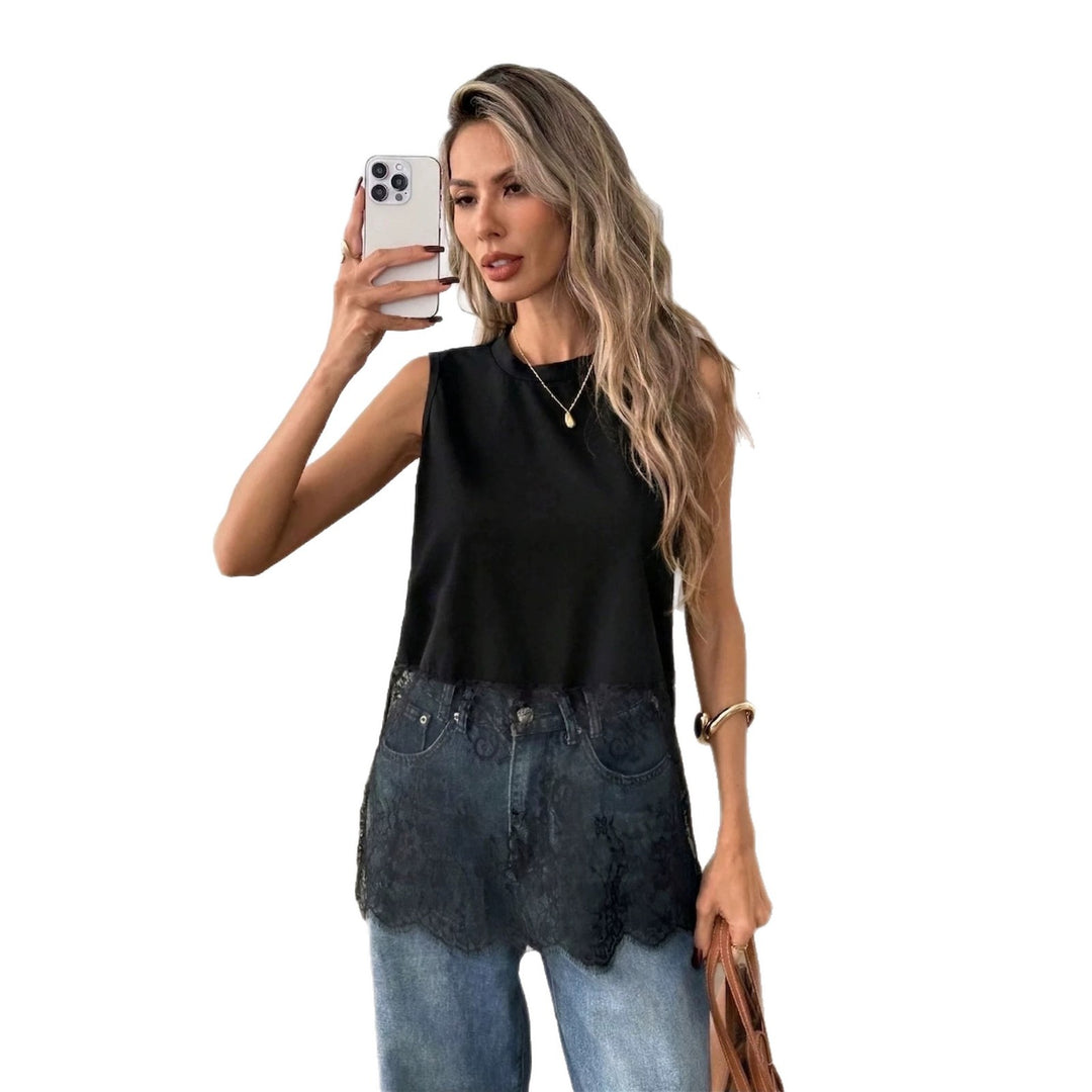 Women sleeveless loosely cut top with lace overlay and round neck Mune Fashion