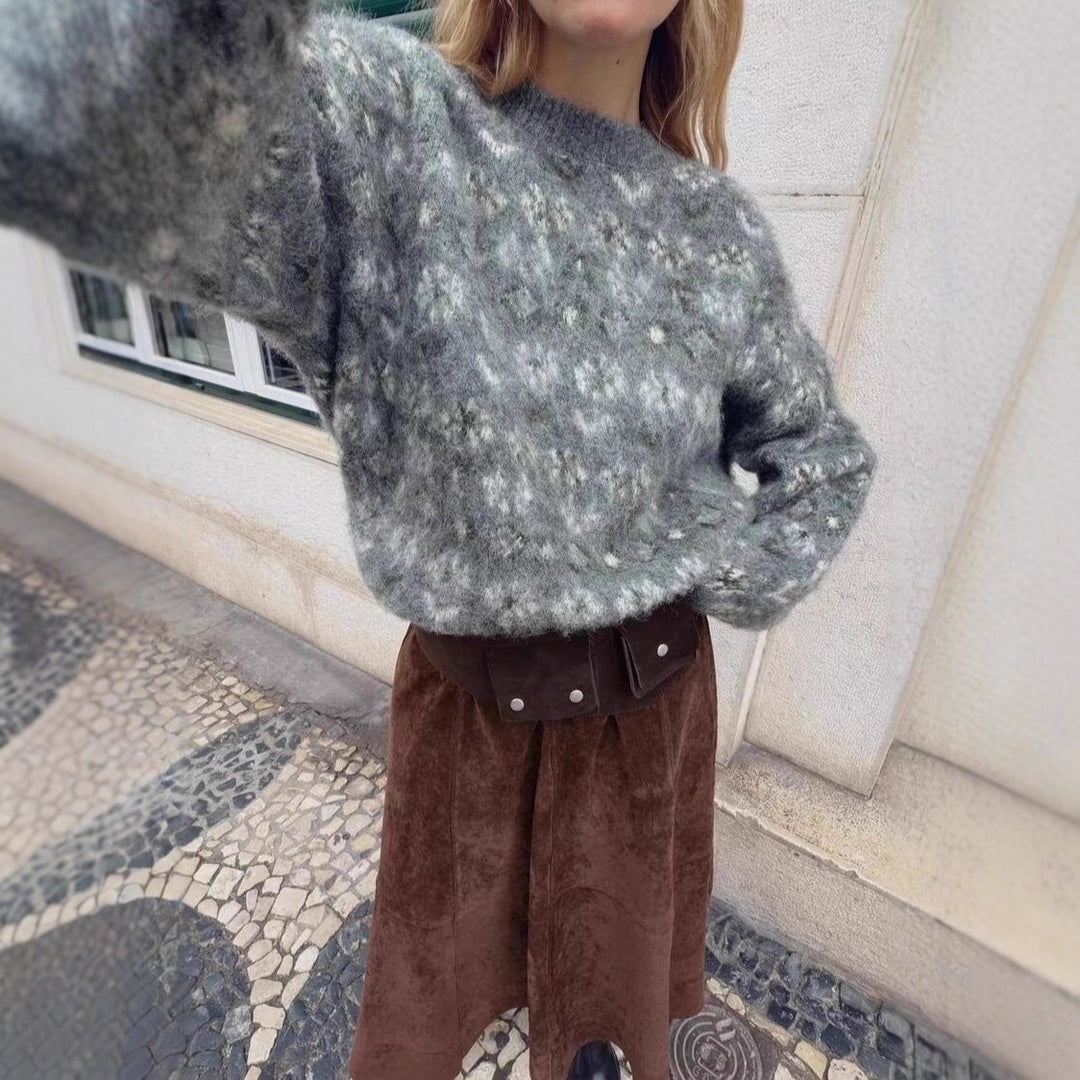 Women Oversize Jacquard Sweater made of soft Mohair mix with round neck Mune Fashion