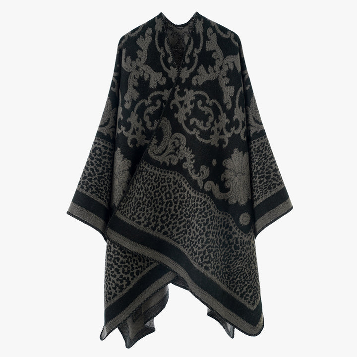 Women Jacquard Wool Blend Cape Poncho with Baroque and Animal Pattern Mune Fashion