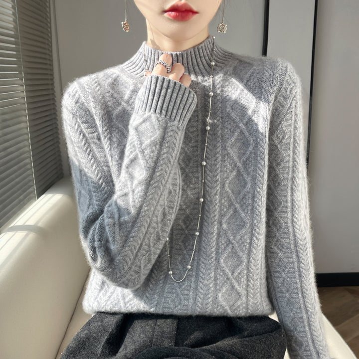 Women Cozy Mohair-Optic Mock Neck Sweater with Diamond Cable Structure and Boxy Silhouette Mune Fashion