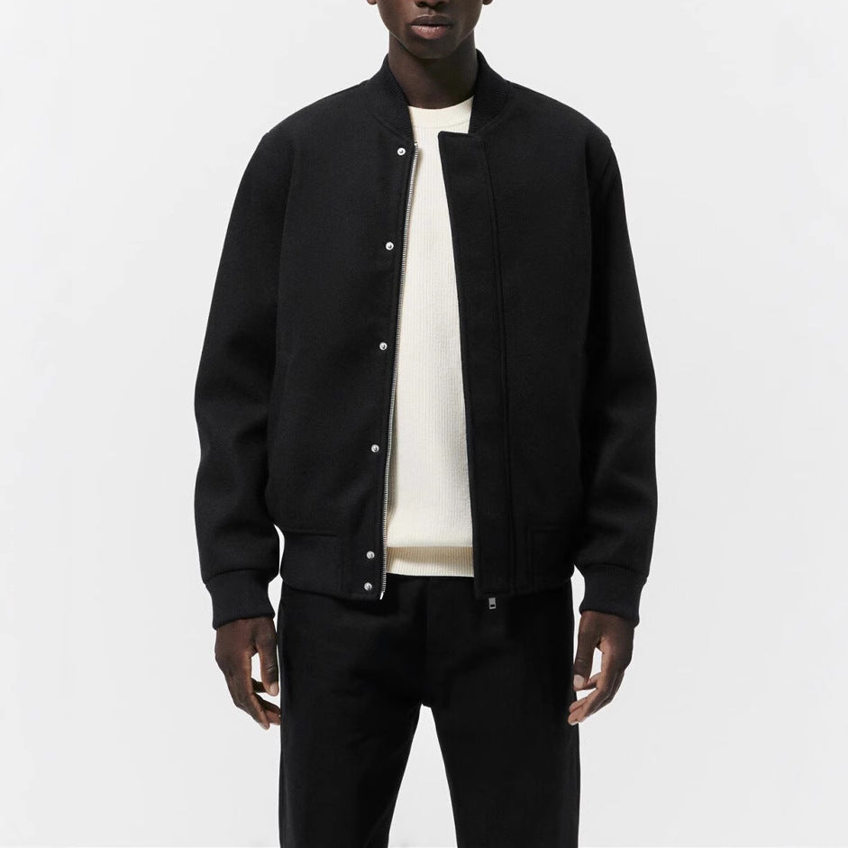 Men's bomber jacket made of wool blend in boxy cut with concealed snap button placket and ribbed cuffs Mune Fashion