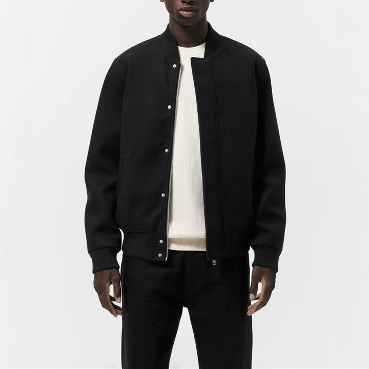 Men's bomber jacket made of wool blend in boxy cut with concealed snap button placket and ribbed cuffs Mune Fashion