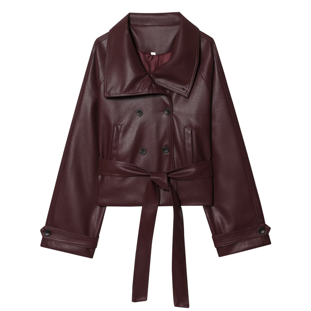 Women's Short Cut Faux Leather Trench Coat with Oversized Lapels, Double-Breasted Button Placket and Tied Belt Mune Fashion