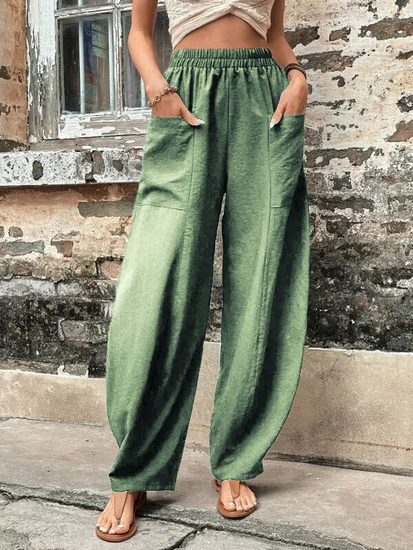 Women Wide Linen Trousers with Elastic Waistband, Patch Pockets and Casual Harem Cut Mune Fashion