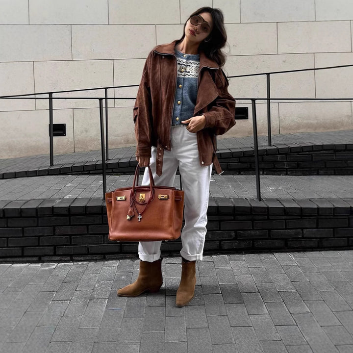 Women Oversized Suede Bomber Jacket with Waist Belt and Shawl Collar Mune Fashion