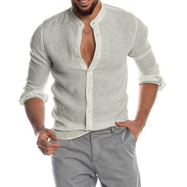 Men's linen shirt with stand-up collar, continuous button placket, and casual slim-fit cut Mune Fashion