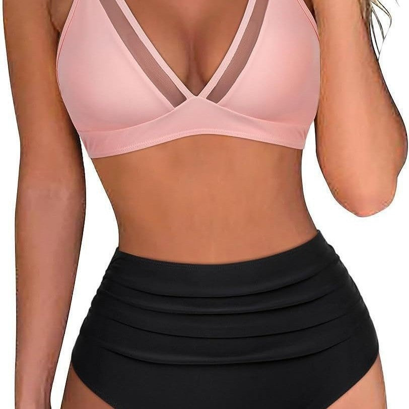 Women High-waisted Bikini Set with Leopard Pattern and Transparent Inserts Mune Fashion