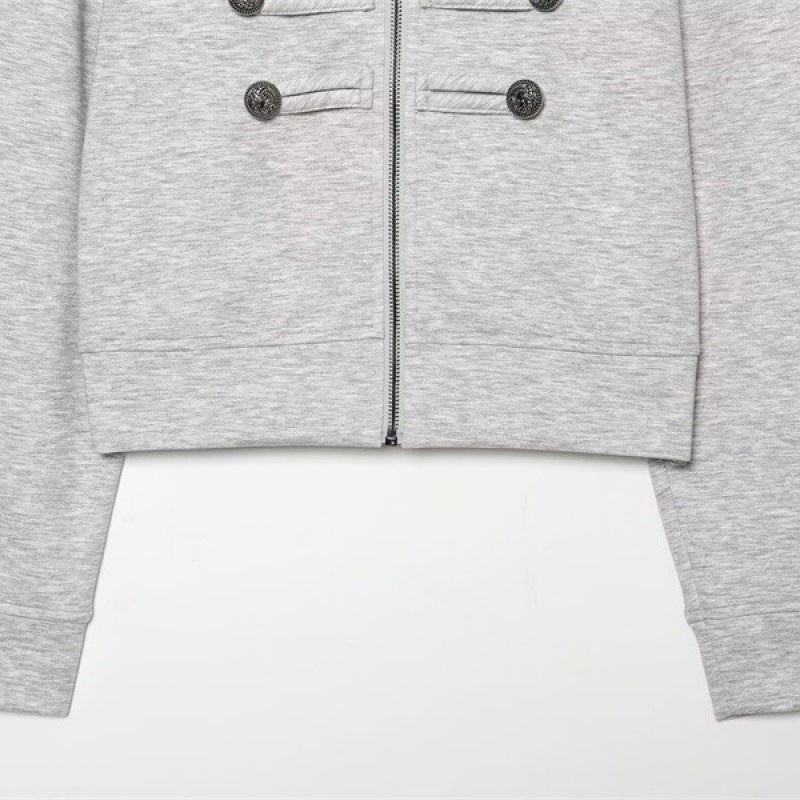 Women's Short Sweat Jacket in Military Style with Stand-Up Collar and Decorative Button Details Mune Fashion