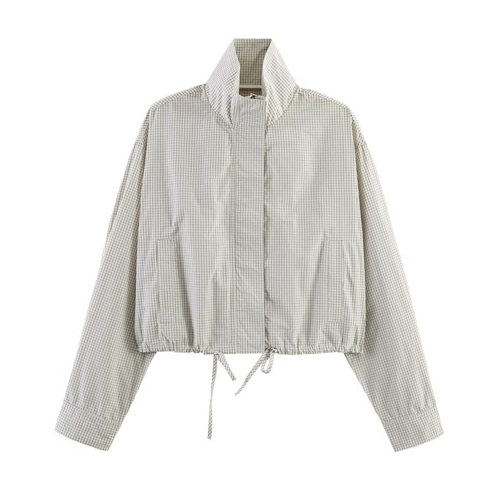Women Cropped Checkered Lightweight Blouson Jacket with Stand Collar, Drawstring Hem and Concealed Button Placket Mune Fashion