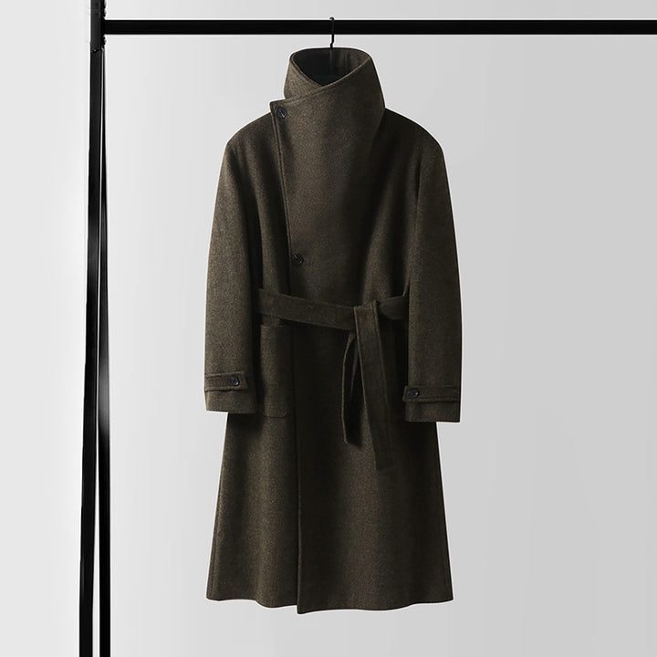 Men's Maxilength Wool Coat with High Stand-up Collar, Asymmetric Button Placket and Tied Belt Mune Fashion